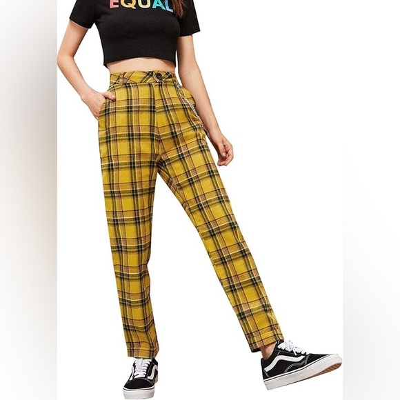 Hot Topic Yellow Plaid Pants Large Trousers Stretch Womens Punk Goth Clueless - Picture 2 of 4
